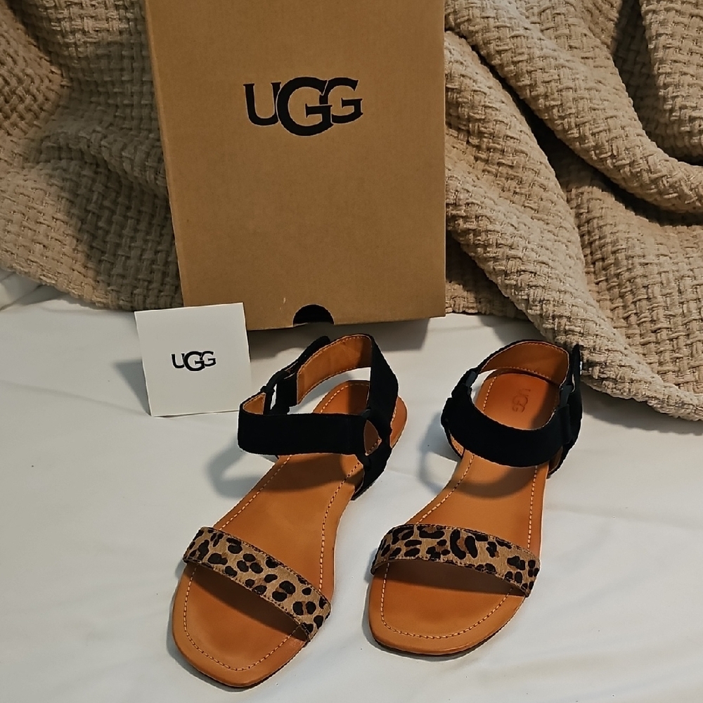 UGG Leopard Print and Black Strap Women's Sandals